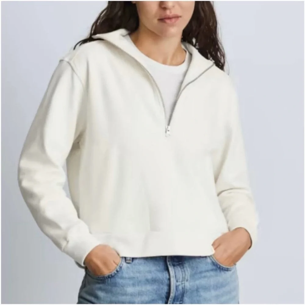 EVERLANE Track Half Zip Organic Cotton Sweatshirt Pullover Bone White - Picture 1 of 12